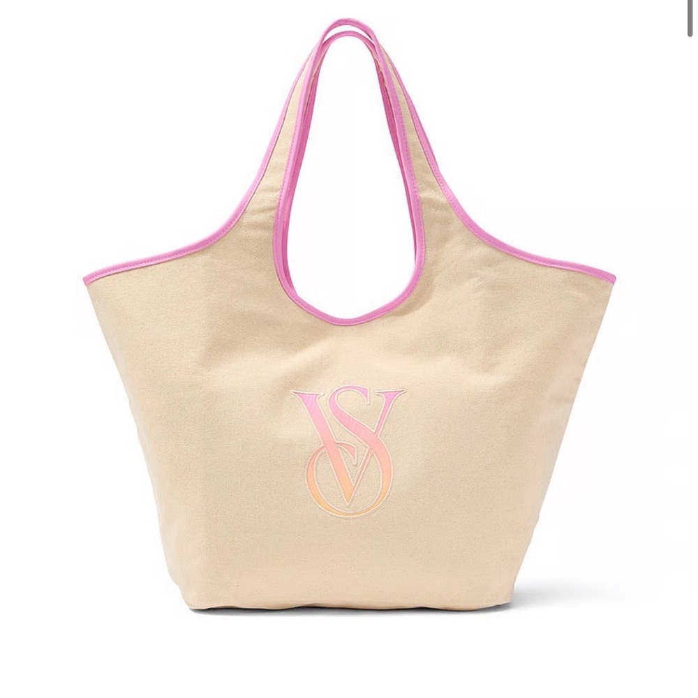 Victoria's Secret Beige Canvas Tote with Pink Trim - Picture 2 of 3